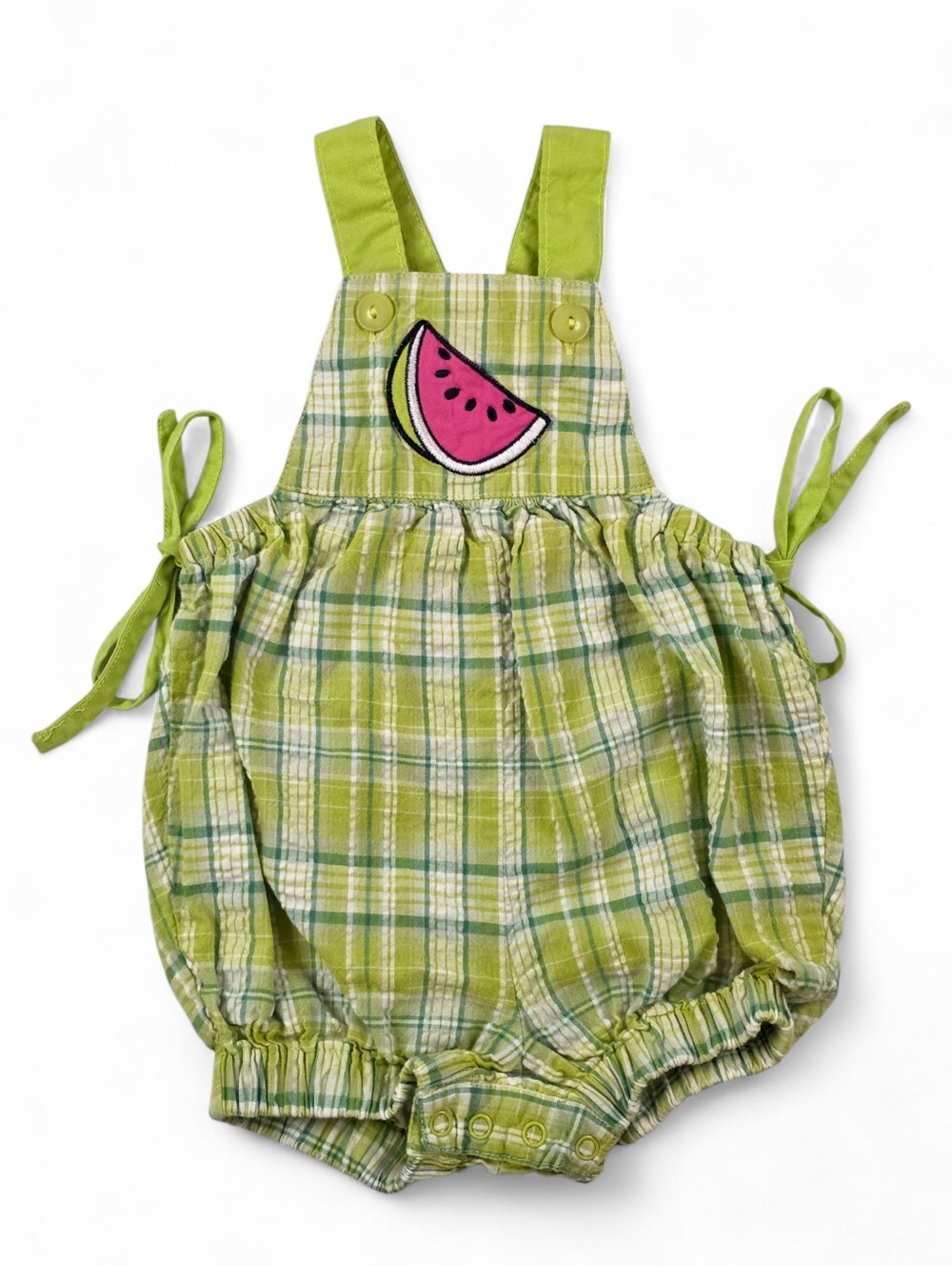 Y2K Watermelon Applique Plaid Green Bubble Romper Baby Girl 6-9M Summer Picnic